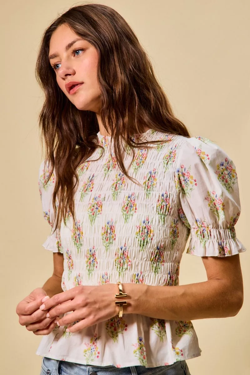 SO ME Floral Cotton Smocked Short Sleeves Blouse - Image 3