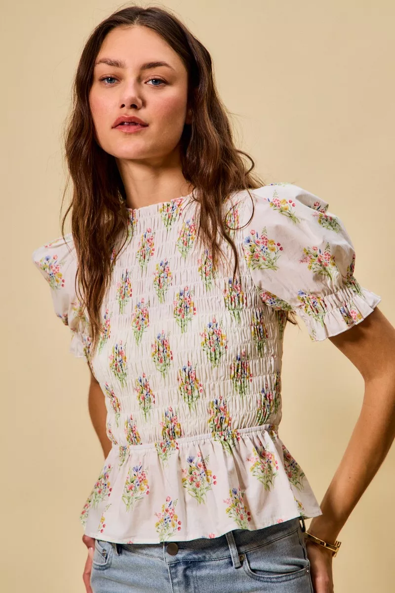 SO ME Floral Cotton Smocked Short Sleeves Blouse - Image 7
