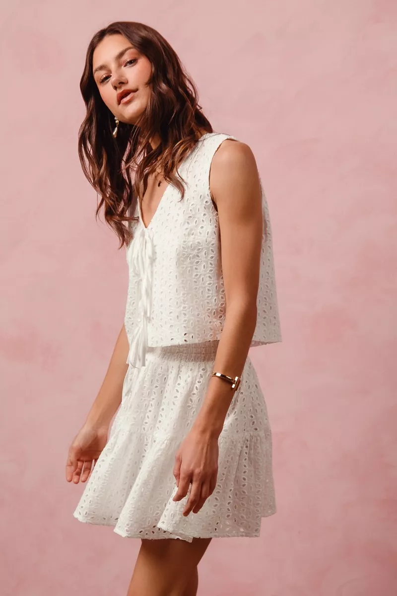 SO ME Floral Eyelet Lace Tie Front Vest Top and Tiered Mini Skirt Set - Image 11