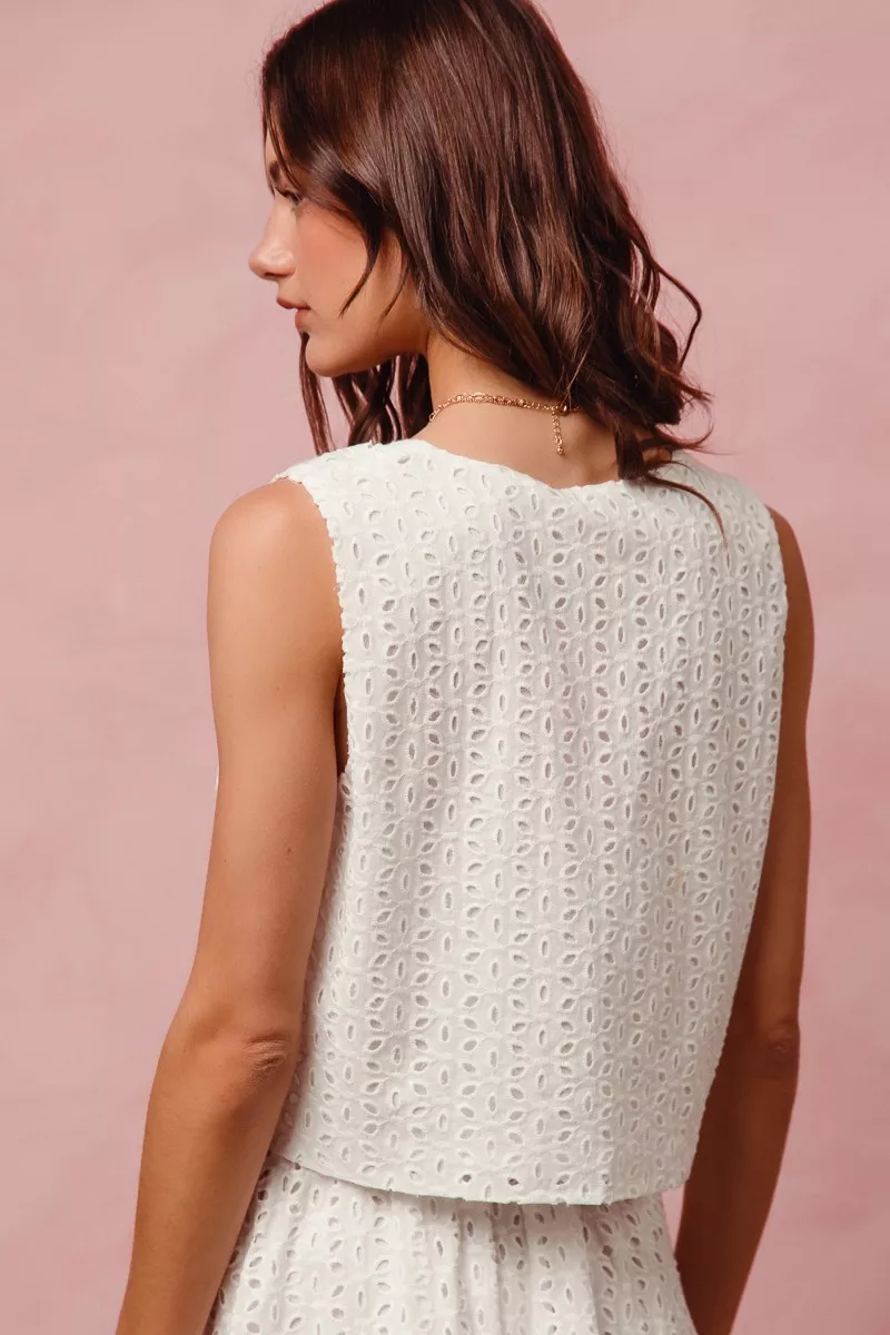 SO ME Floral Eyelet Lace Tie Front Vest Top and Tiered Mini Skirt Set - Image 13