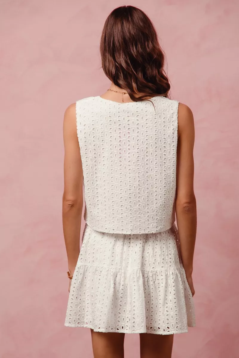 SO ME Floral Eyelet Lace Tie Front Vest Top and Tiered Mini Skirt Set - Image 14