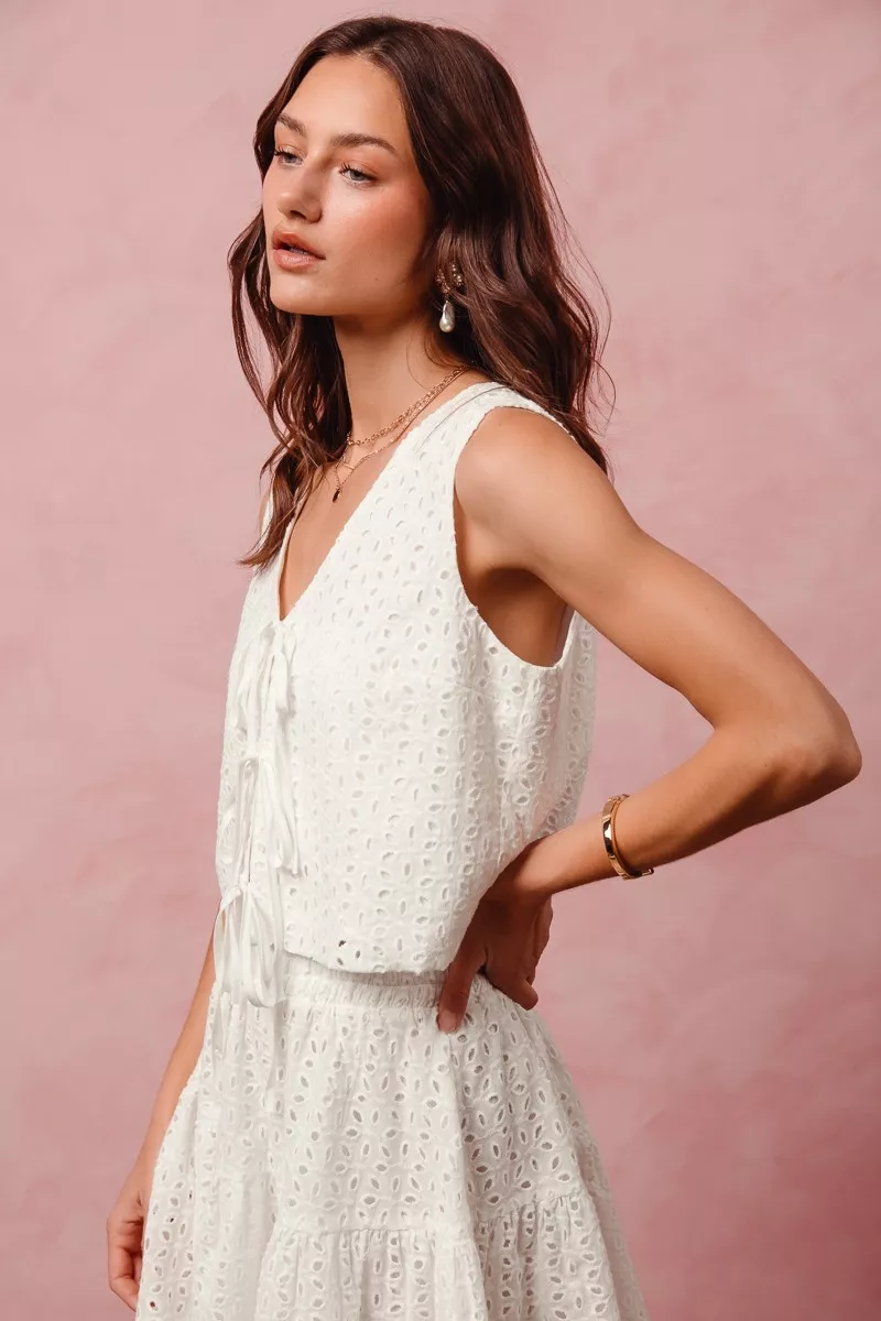 SO ME Floral Eyelet Lace Tie Front Vest Top and Tiered Mini Skirt Set - Image 4