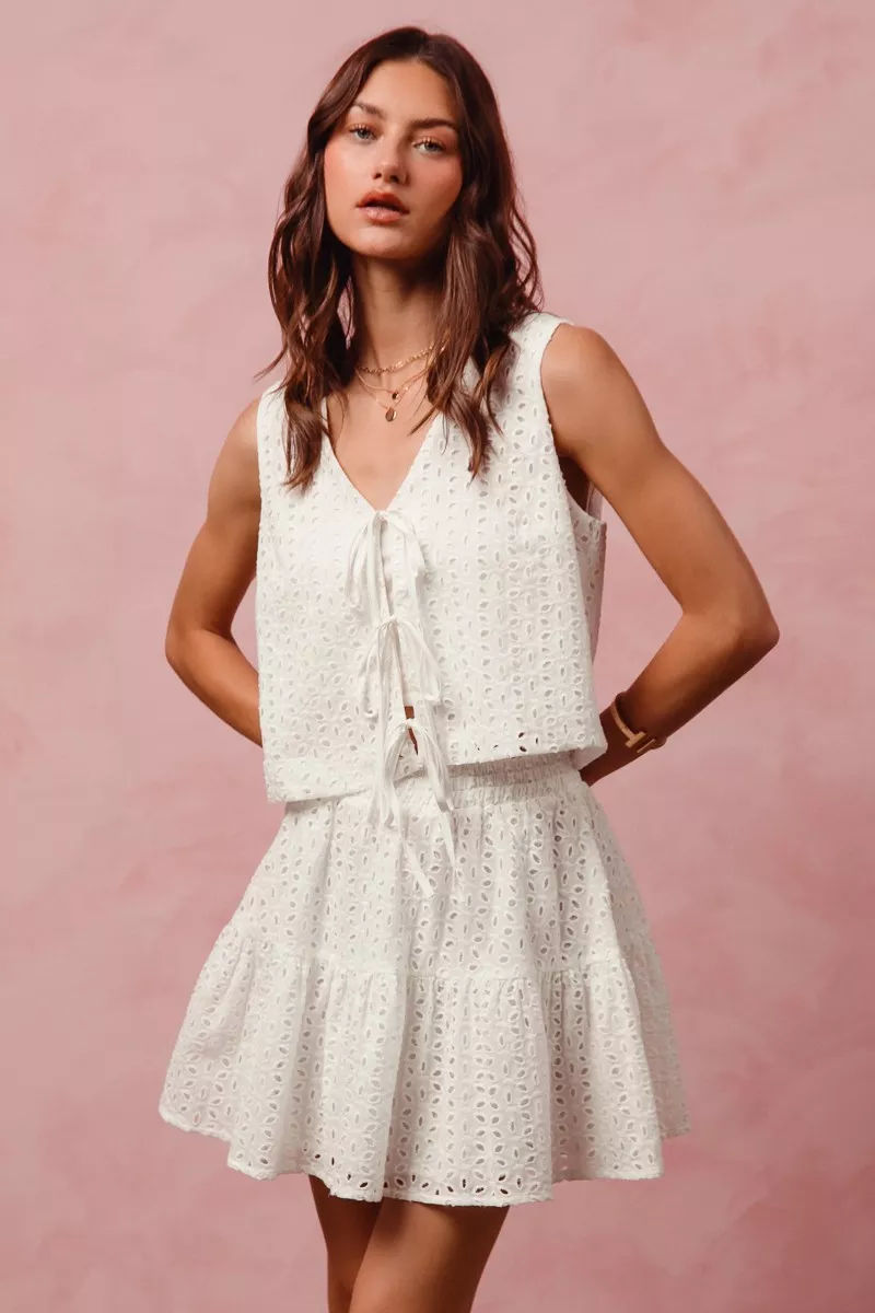 SO ME Floral Eyelet Lace Tie Front Vest Top and Tiered Mini Skirt Set - Image 9