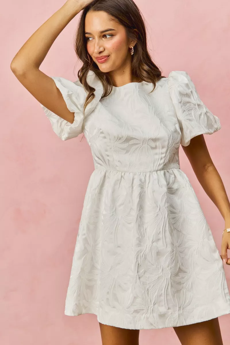 SO ME Floral Jacquard Bubble Shorts Sleeves Mini Dress - Image 11