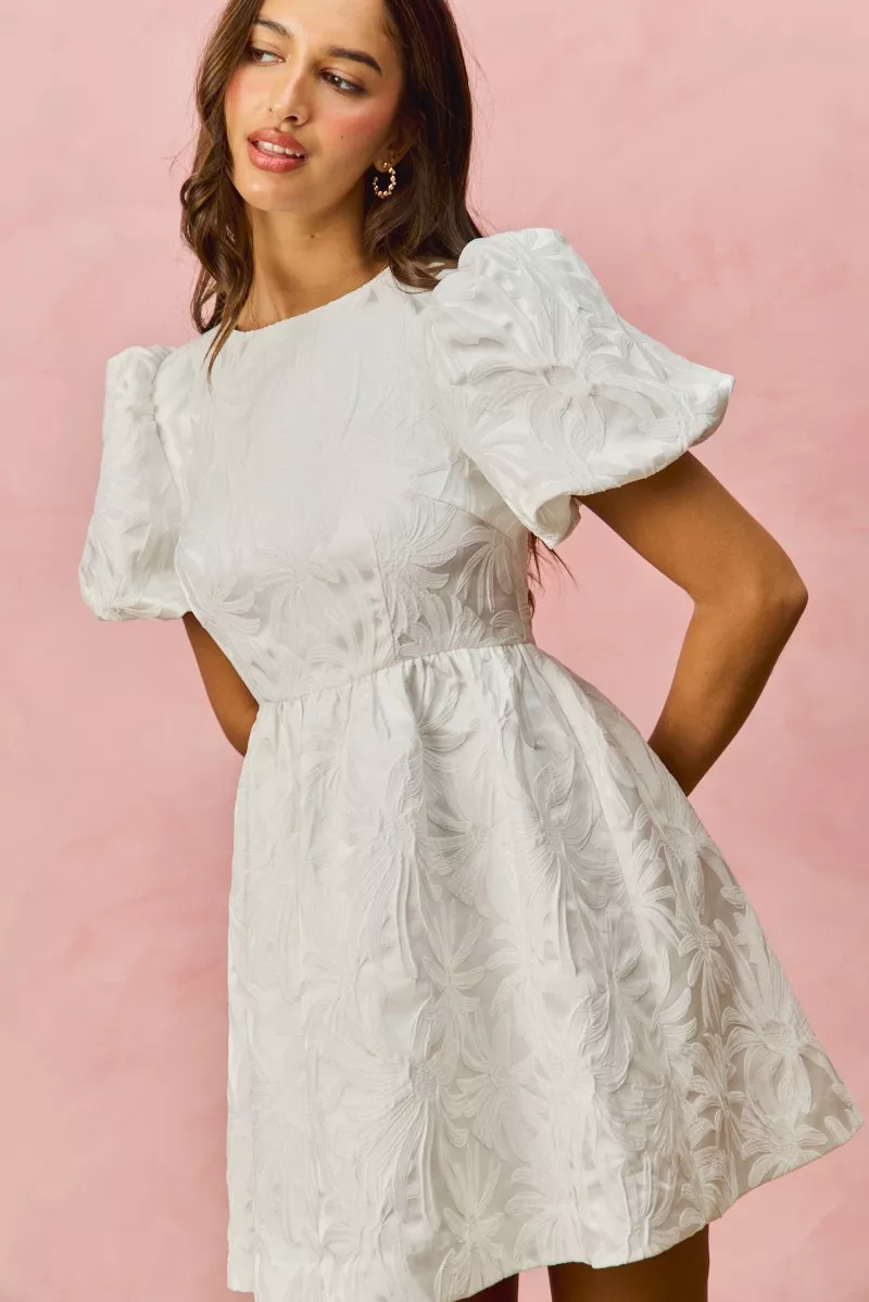 SO ME Floral Jacquard Bubble Shorts Sleeves Mini Dress - Image 4