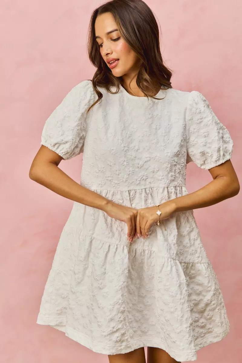 SO ME Floral Jacquard Diagnol Tiered Short Mini Dress