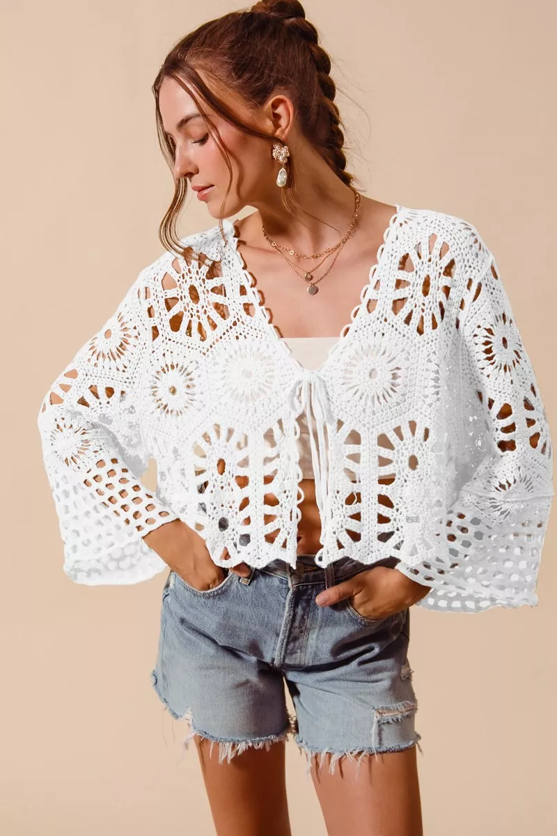 SO ME Floral Pattern Crochet Knit Tie Front Crop Cardigan - Image 13