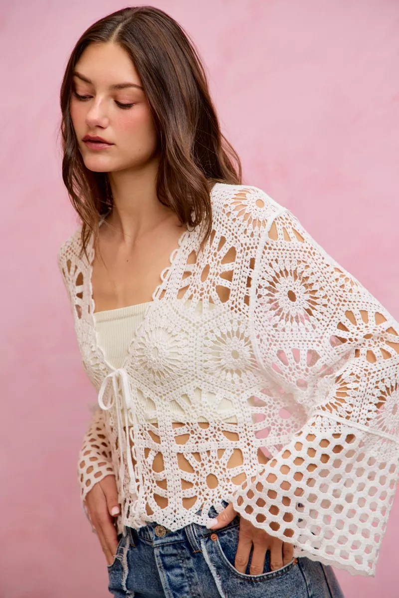 SO ME Floral Pattern Crochet Knit Tie Front Crop Cardigan - Image 5