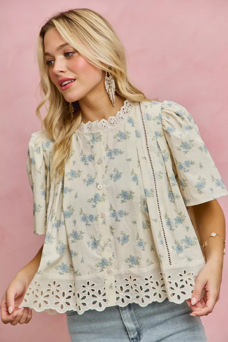 SO ME Floral Print Lace Trim Flutter Sleeves Blouse - Image 10