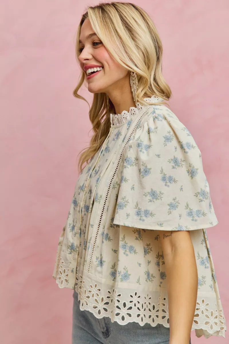 SO ME Floral Print Lace Trim Flutter Sleeves Blouse - Image 11