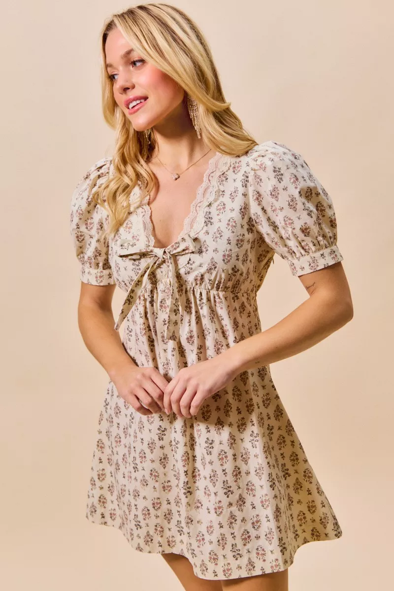 SO ME Floral Print Lace Trim Short Sleeves Mini Dress - Image 11