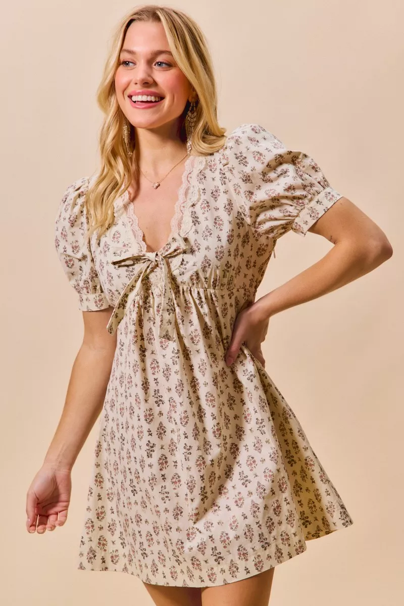 SO ME Floral Print Lace Trim Short Sleeves Mini Dress - Image 12