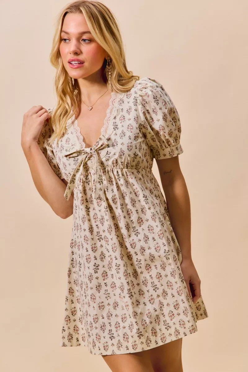 SO ME Floral Print Lace Trim Short Sleeves Mini Dress - Image 13