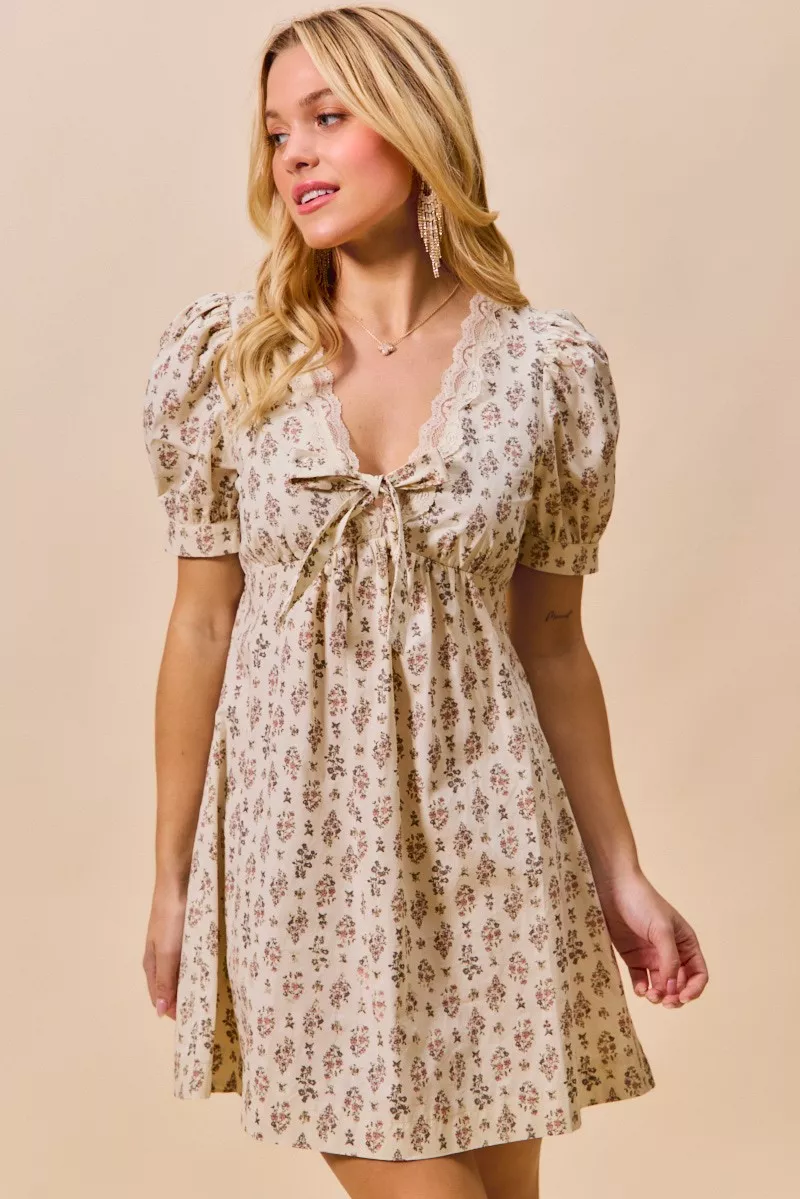 SO ME Floral Print Lace Trim Short Sleeves Mini Dress - Image 14