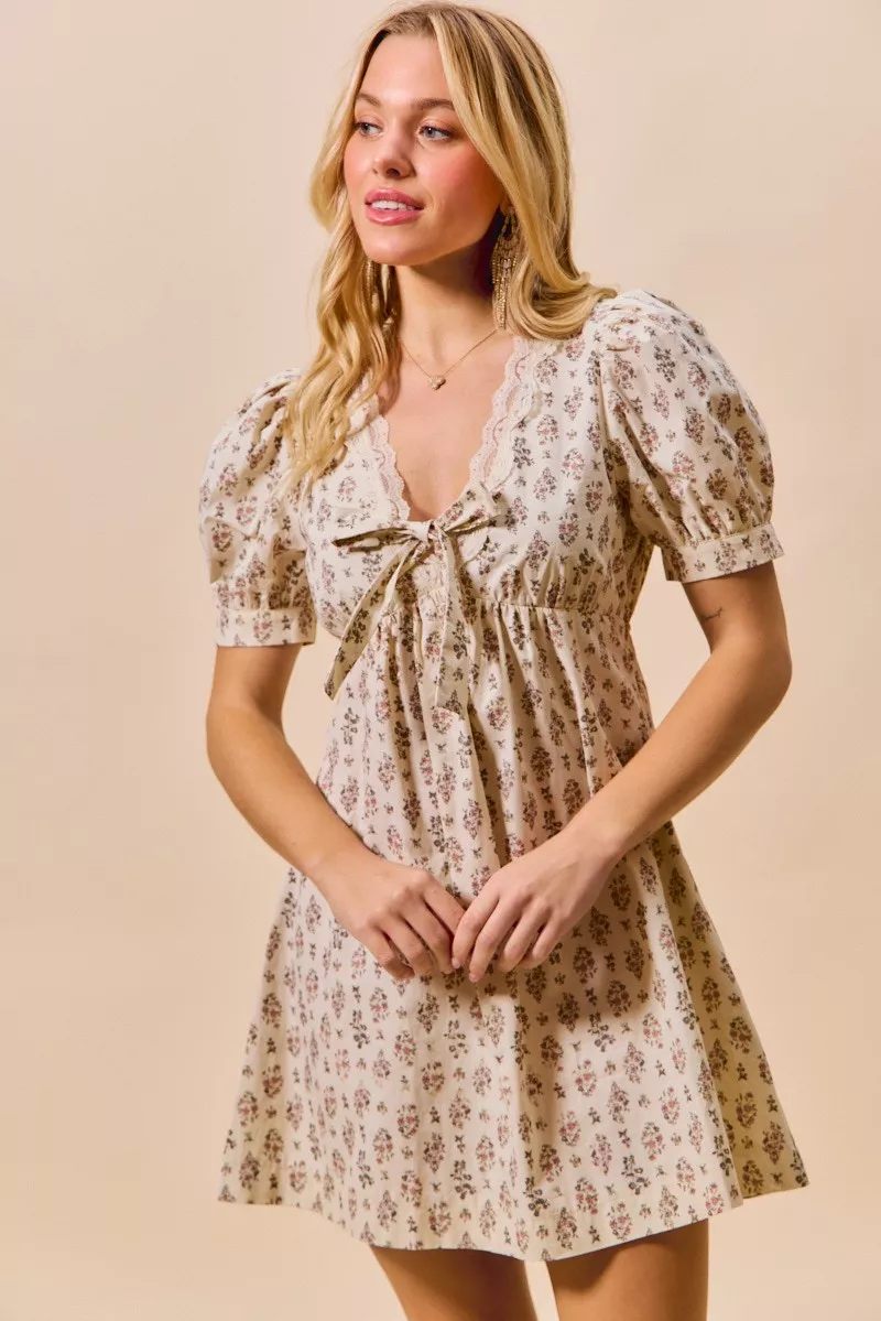 SO ME Floral Print Lace Trim Short Sleeves Mini Dress - Image 15
