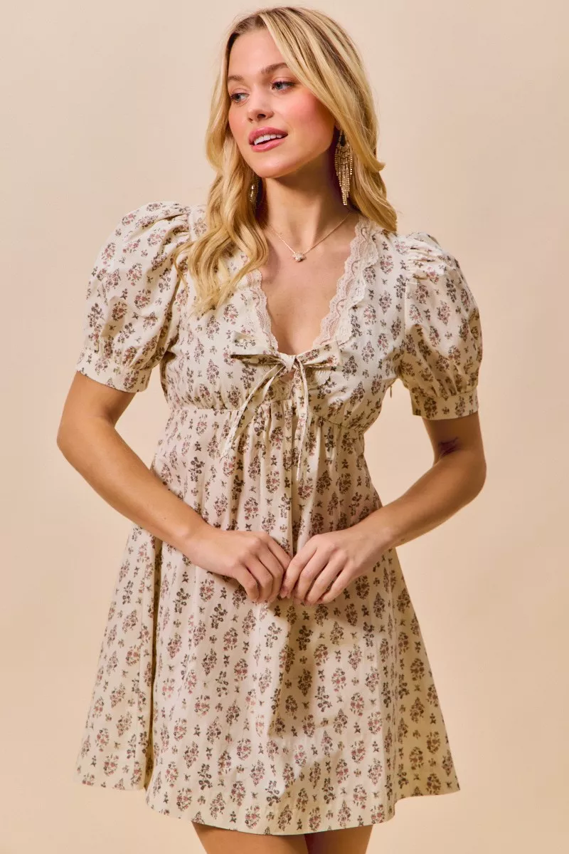 SO ME Floral Print Lace Trim Short Sleeves Mini Dress - Image 2