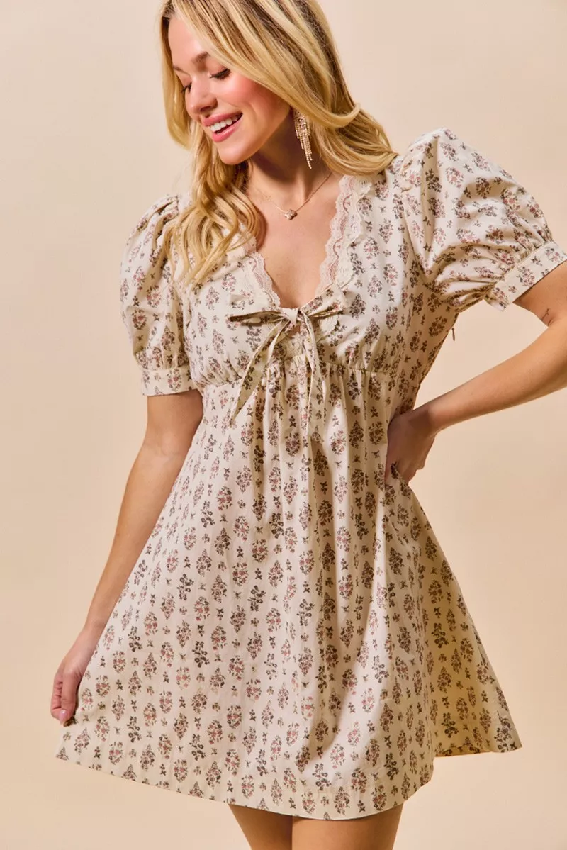 SO ME Floral Print Lace Trim Short Sleeves Mini Dress - Image 3
