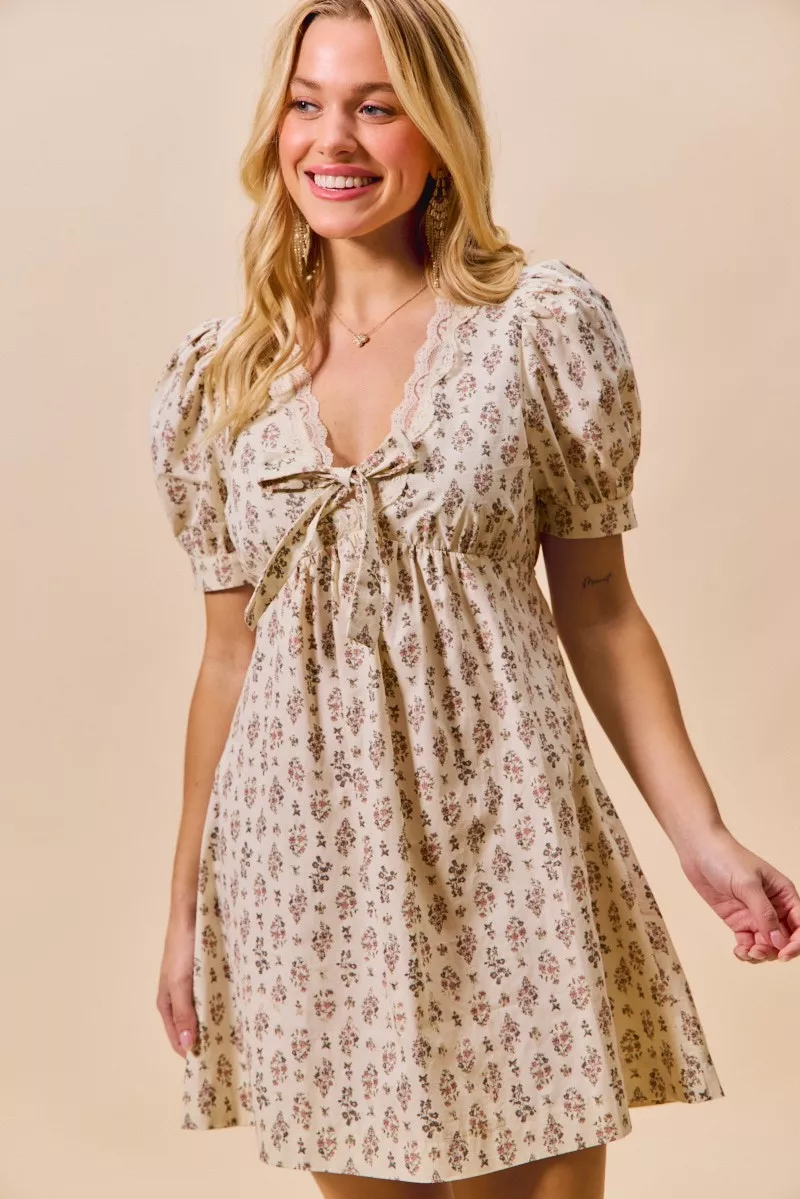 SO ME Floral Print Lace Trim Short Sleeves Mini Dress - Image 4