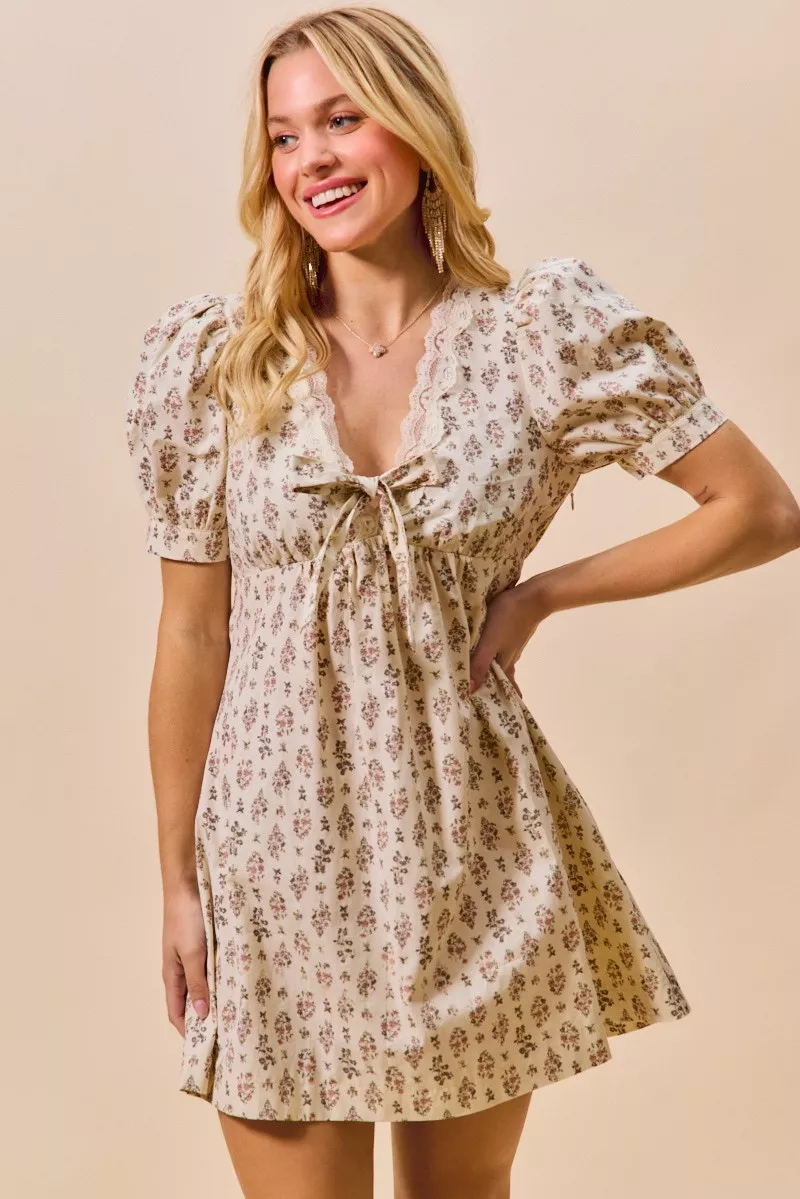 SO ME Floral Print Lace Trim Short Sleeves Mini Dress - Image 6