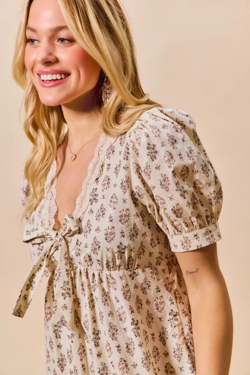 SO ME Floral Print Lace Trim Short Sleeves Mini Dress - Image 9