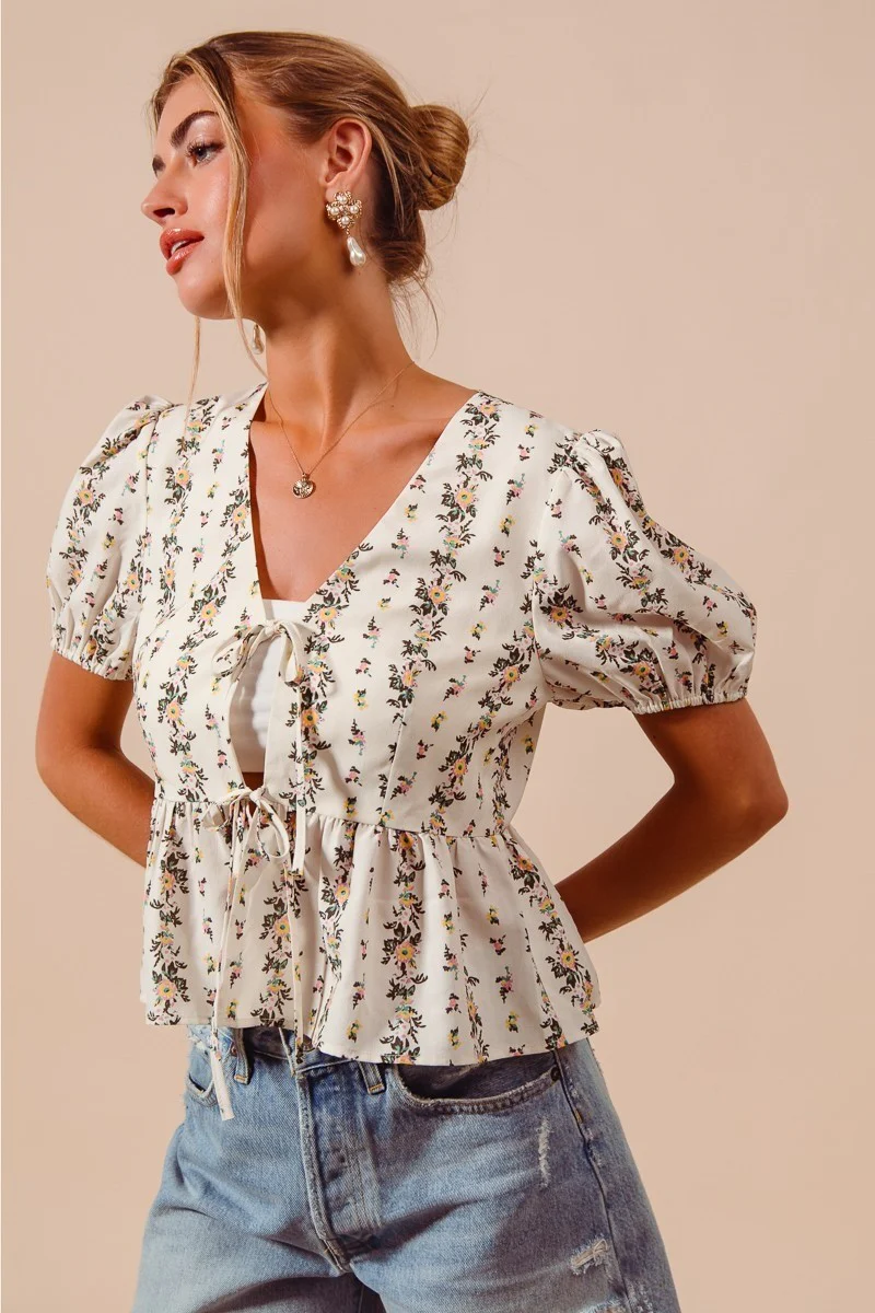 SO ME Floral Print Tie Front Shirred Hem Blouse - Image 6