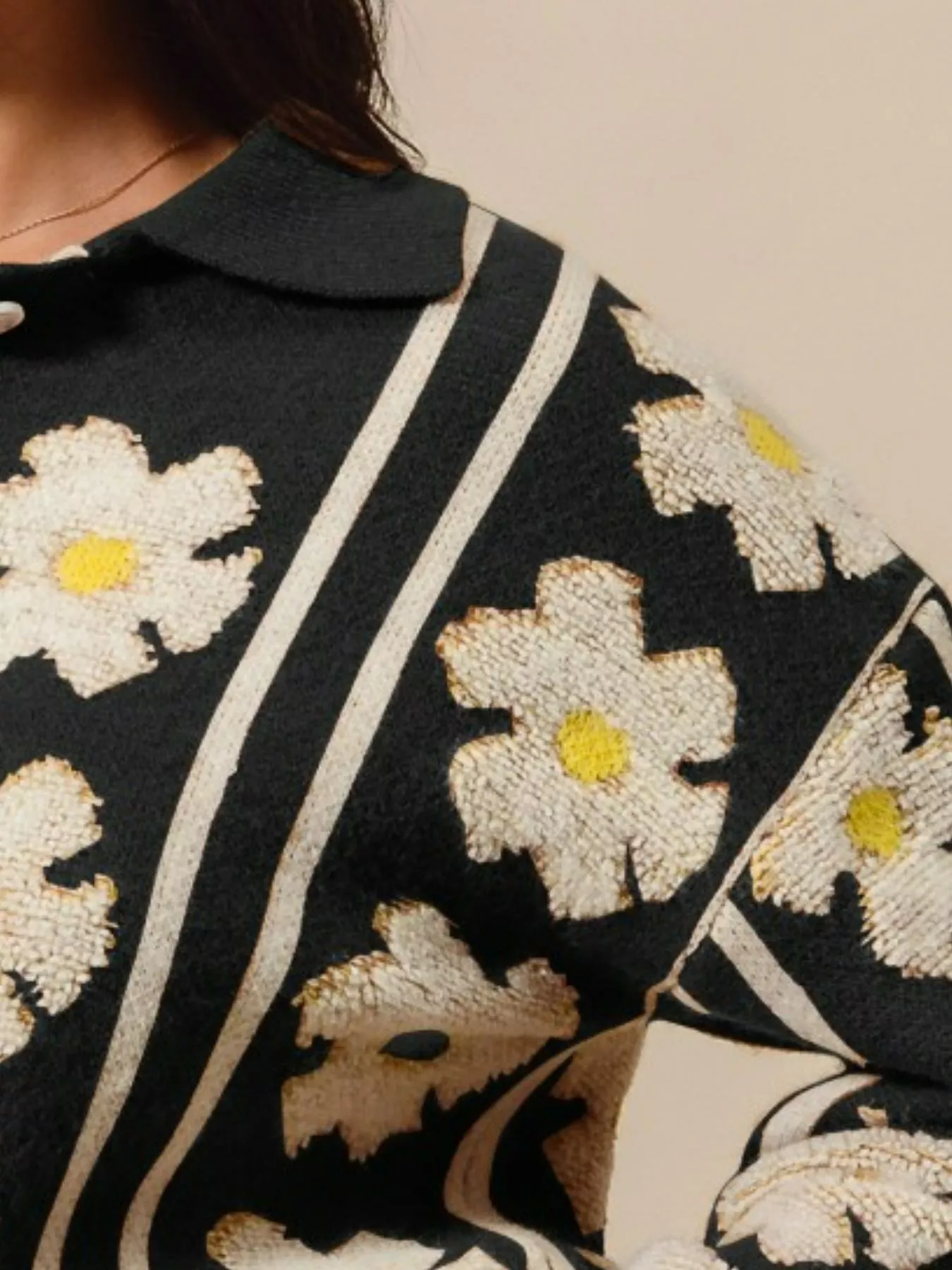 SO ME Floral Stripe Polo Collar Sweater - Image 2