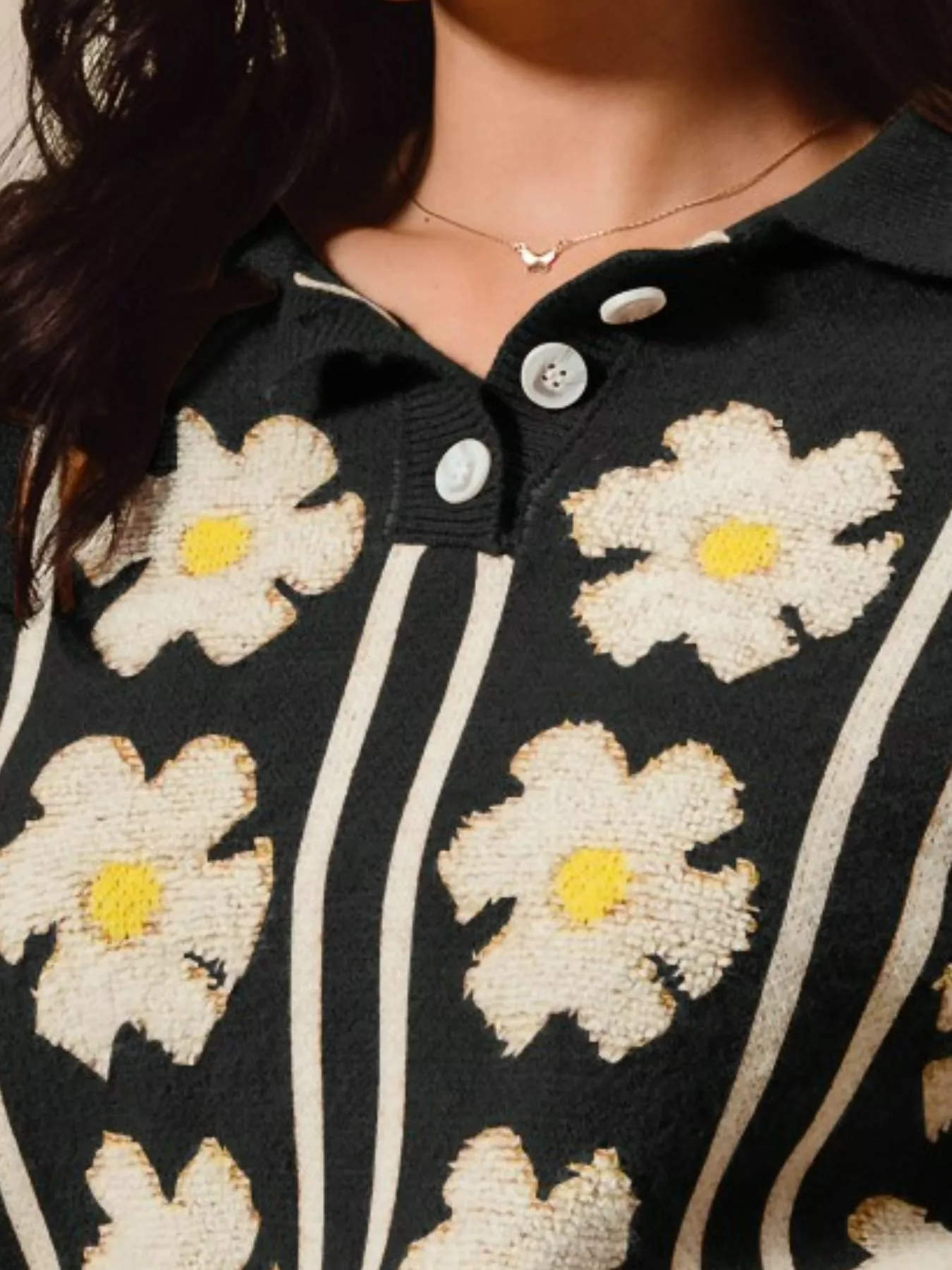 SO ME Floral Stripe Polo Collar Sweater - Image 3