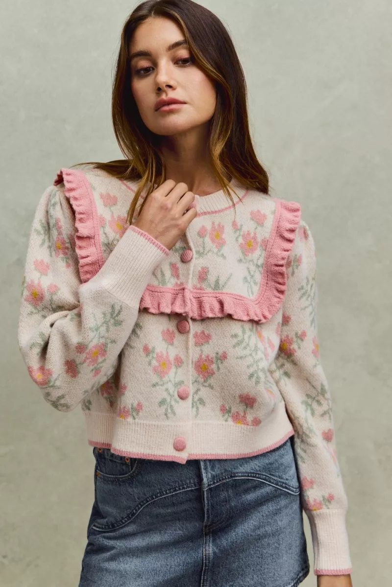 SO ME Flower With Ruffle Detailing Sweater Cardigan - Image 4