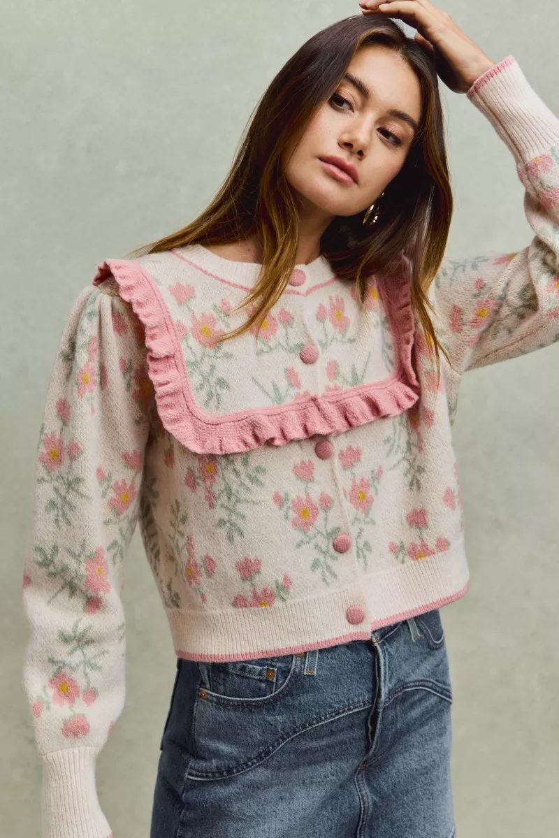 SO ME Flower With Ruffle Detailing Sweater Cardigan - Image 7