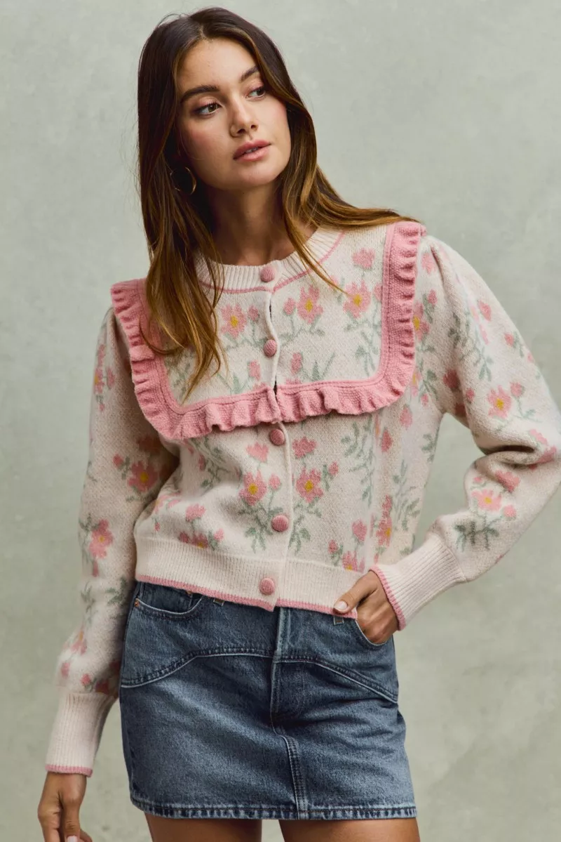 SO ME Flower With Ruffle Detailing Sweater Cardigan - Image 9