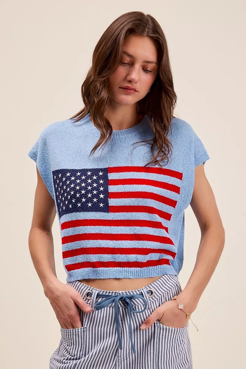 SO ME Fourth Of July American Flag Boxy Fit Sweater Top - Image 3