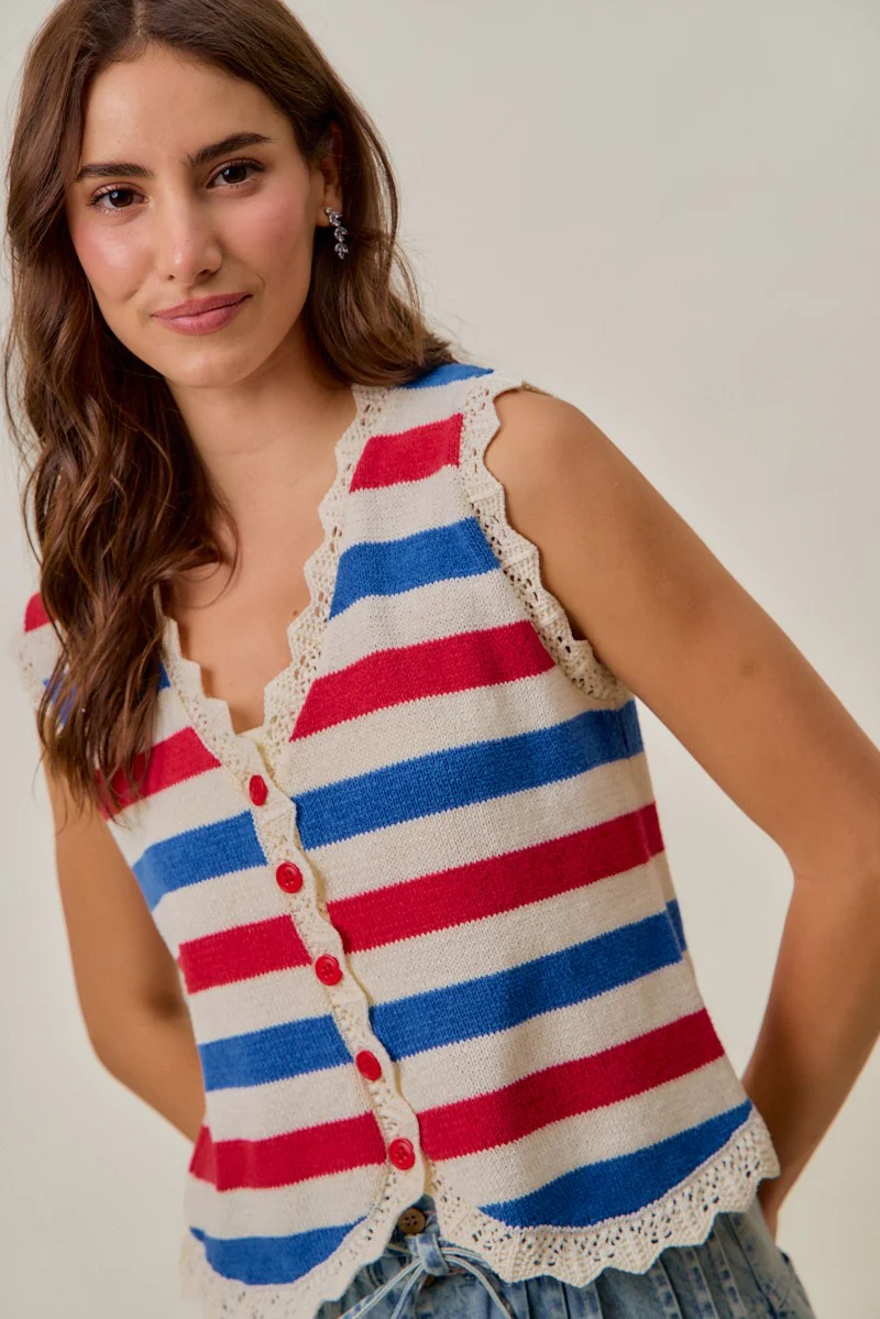 SO ME Fourth Of July Stripe Button Down Vest Top - Image 10