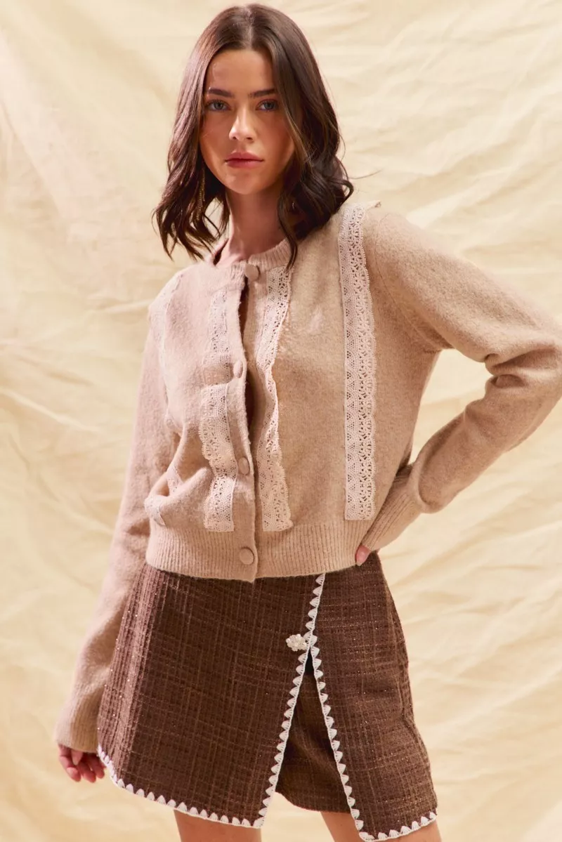 SO ME Front Lace Trim Button Cardigan Sweater - Image 5