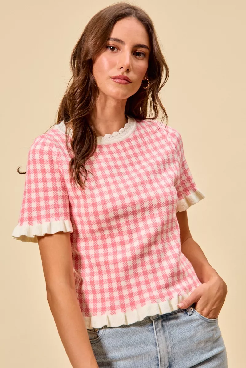SO ME Gingham Knit Ruffled Short Sleeves Sweater Top - Image 3