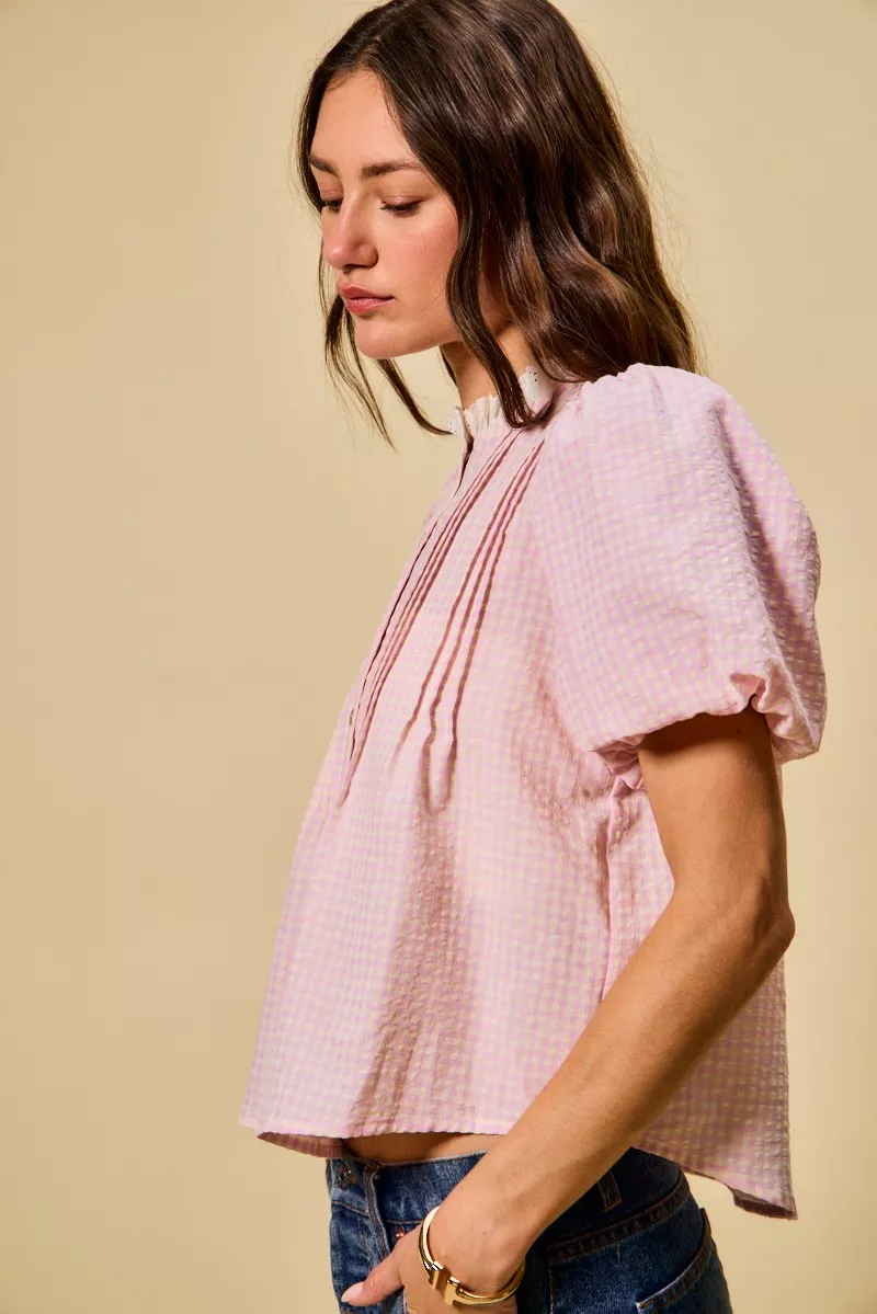 SO ME Gingham Lace Trim Button Bubble Sleeves Blouse - Image 10