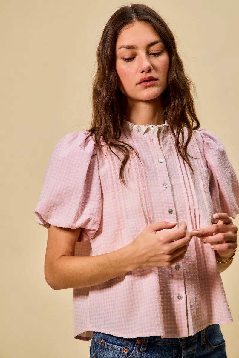 SO ME Gingham Lace Trim Button Bubble Sleeves Blouse - Image 14