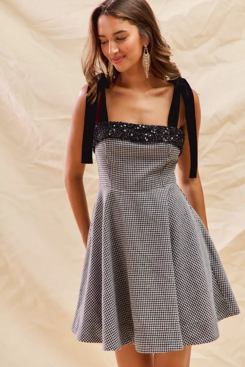 SO ME Houndstooth Fit Flare Mini Dress with Shoulder Tie - Image 16