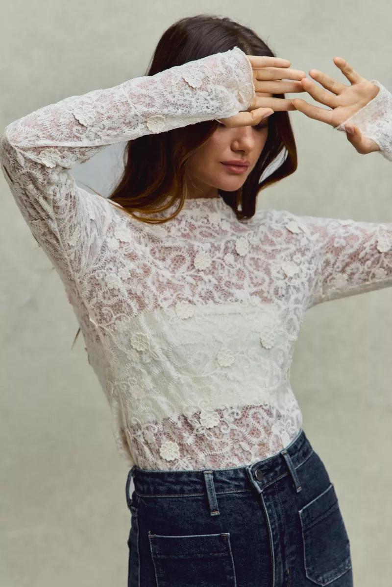 SO ME Lace Long Sleeve 3d Effect Floral Layering Top - Image 10
