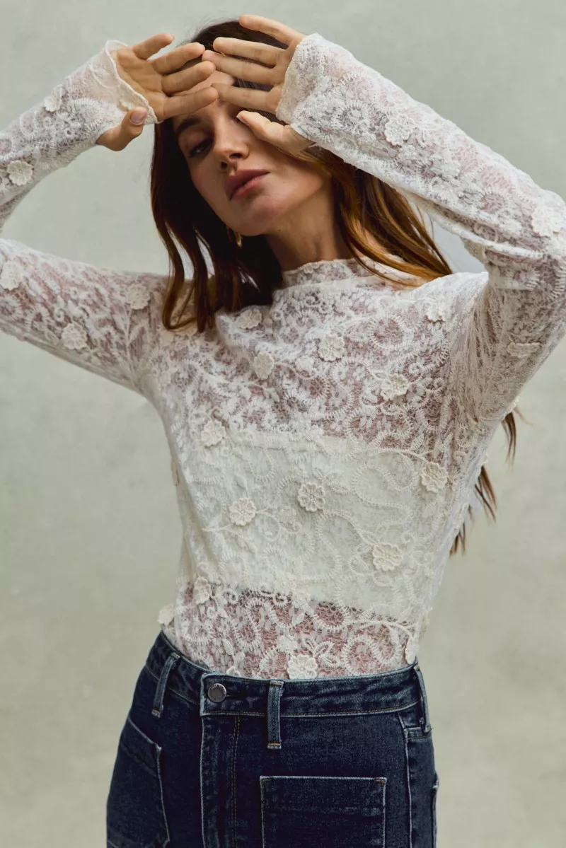 SO ME Lace Long Sleeve 3d Effect Floral Layering Top - Image 14