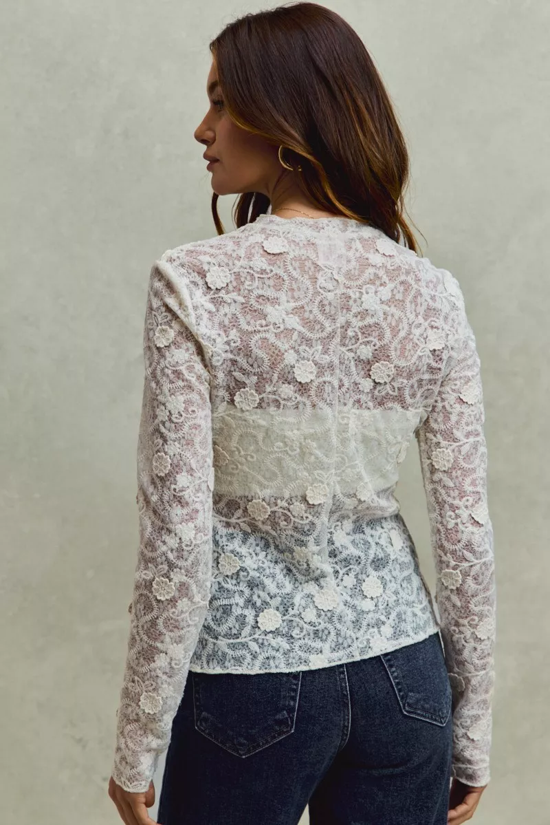 SO ME Lace Long Sleeve 3d Effect Floral Layering Top - Image 16