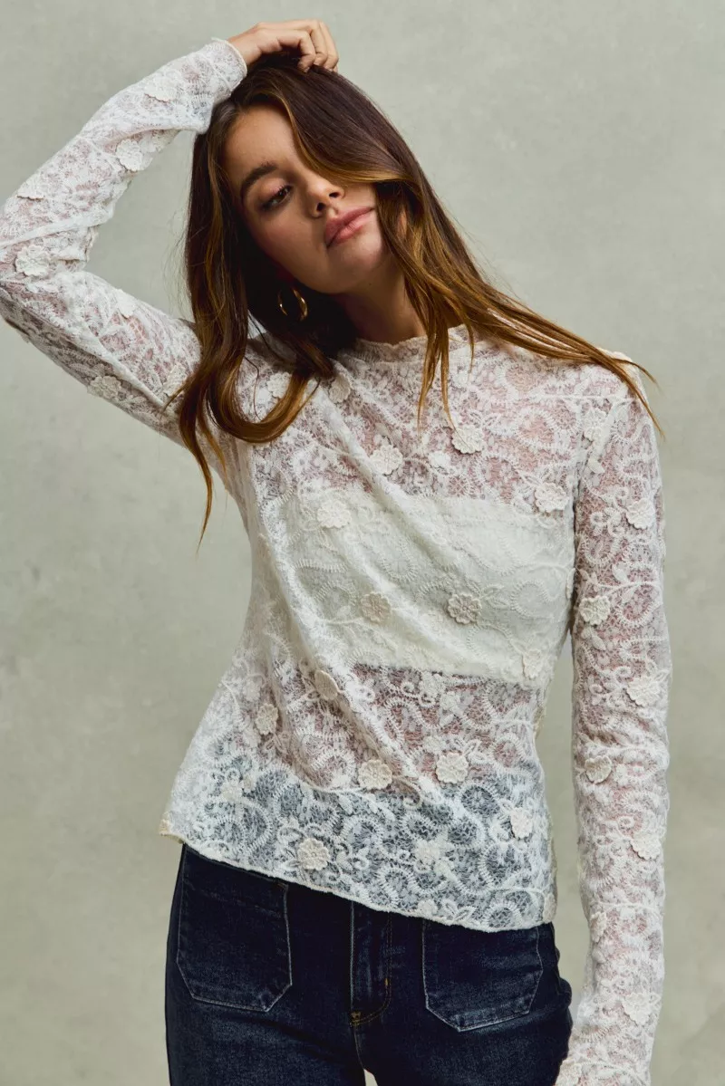 SO ME Lace Long Sleeve 3d Effect Floral Layering Top - Image 2