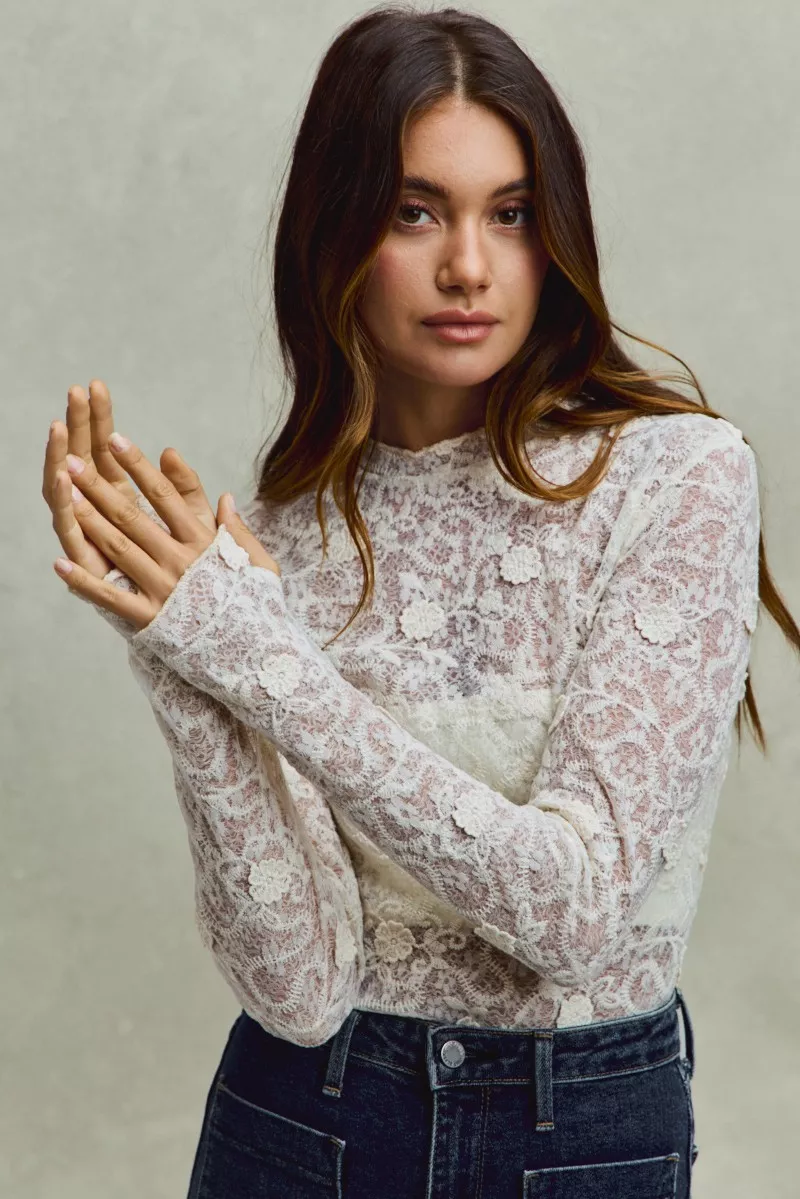 SO ME Lace Long Sleeve 3d Effect Floral Layering Top - Image 3