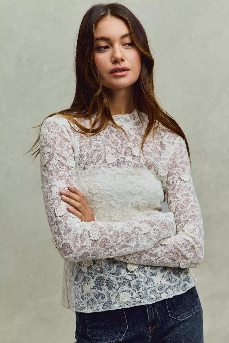 SO ME Lace Long Sleeve 3d Effect Floral Layering Top - Image 4