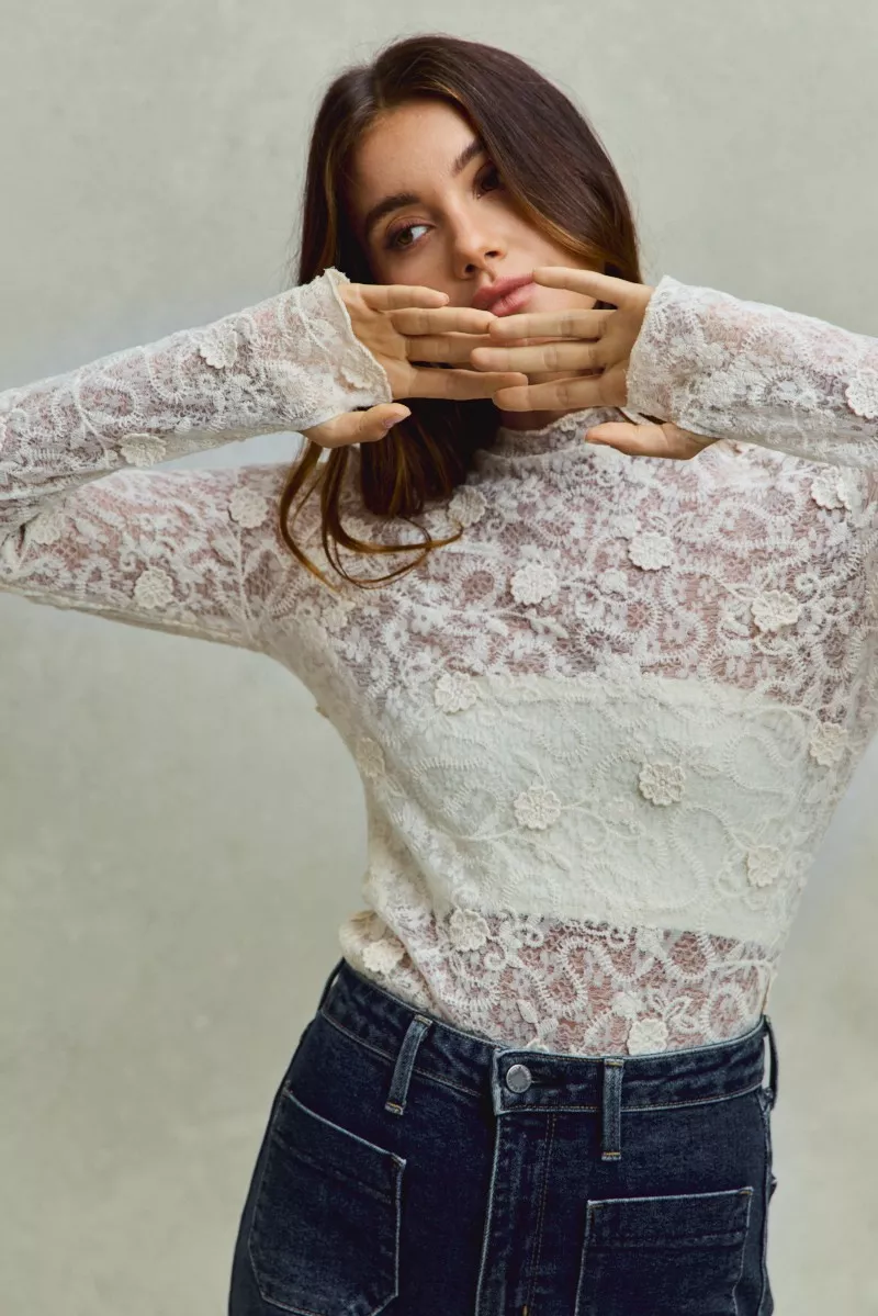 SO ME Lace Long Sleeve 3d Effect Floral Layering Top - Image 6