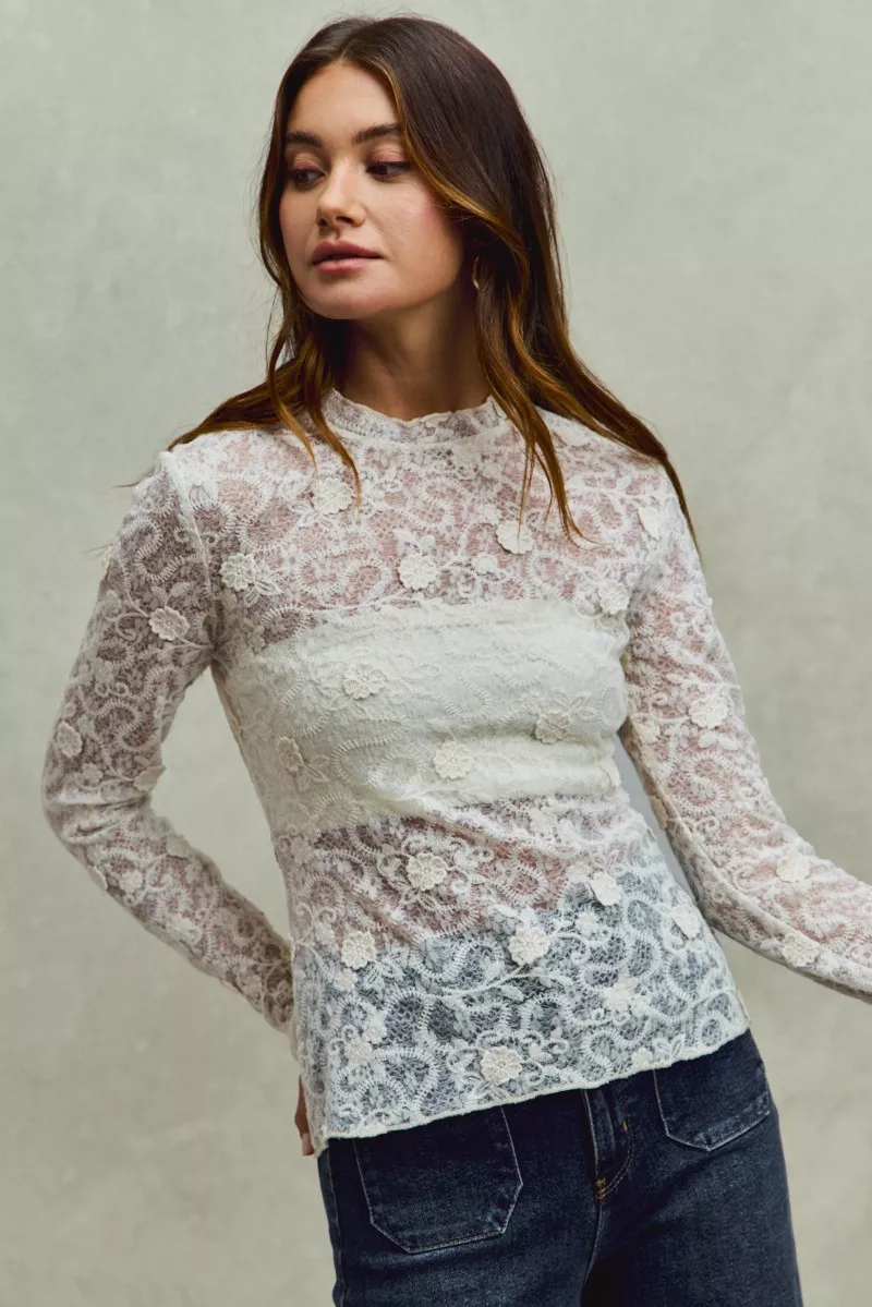 SO ME Lace Long Sleeve 3d Effect Floral Layering Top - Image 8