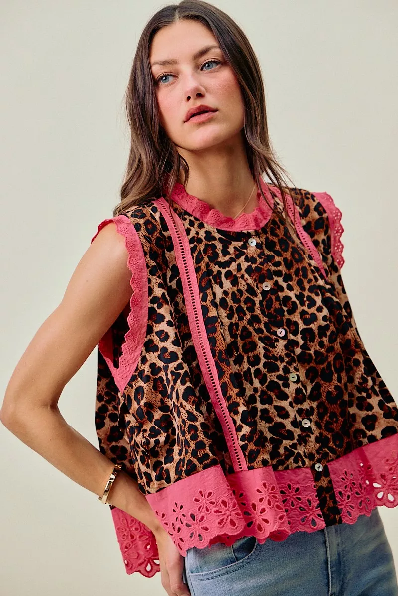 SO ME Leopard Button Up Pleated Sleeveless Blouse - Image 6