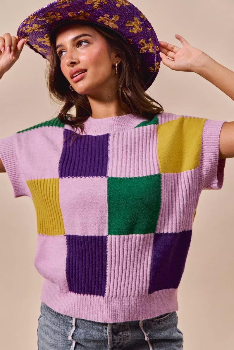 SO ME Mardi Gras Check Plaid Casual Sweater Top - Image 2