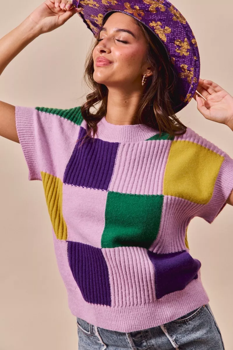 SO ME Mardi Gras Check Plaid Casual Sweater Top - Image 5