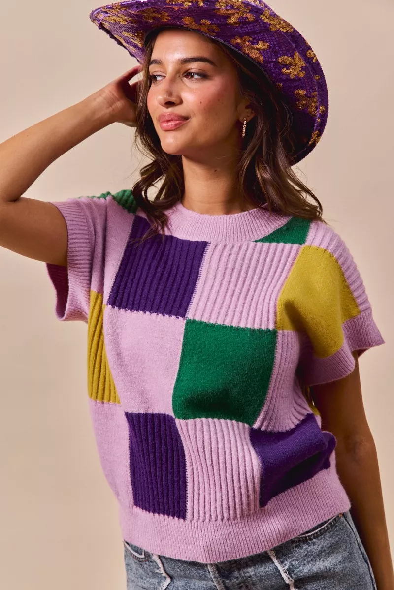 SO ME Mardi Gras Check Plaid Casual Sweater Top - Image 6