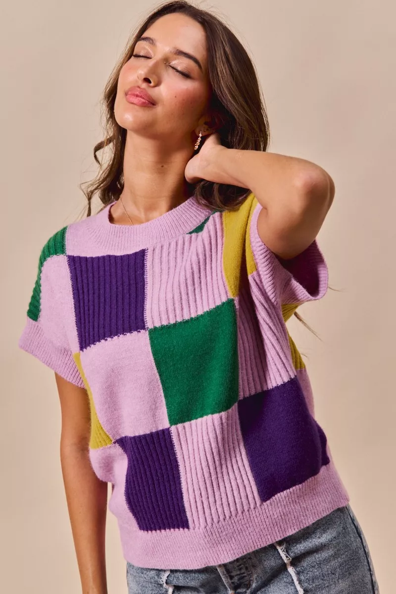 SO ME Mardi Gras Check Plaid Casual Sweater Top - Image 7